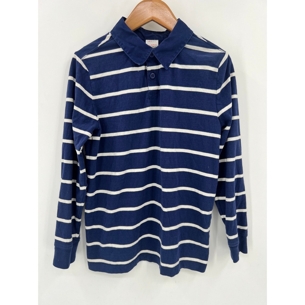 Hanna Andersson Boys US Size 10 Navy White Striped Long Sleeve Polo Shirt